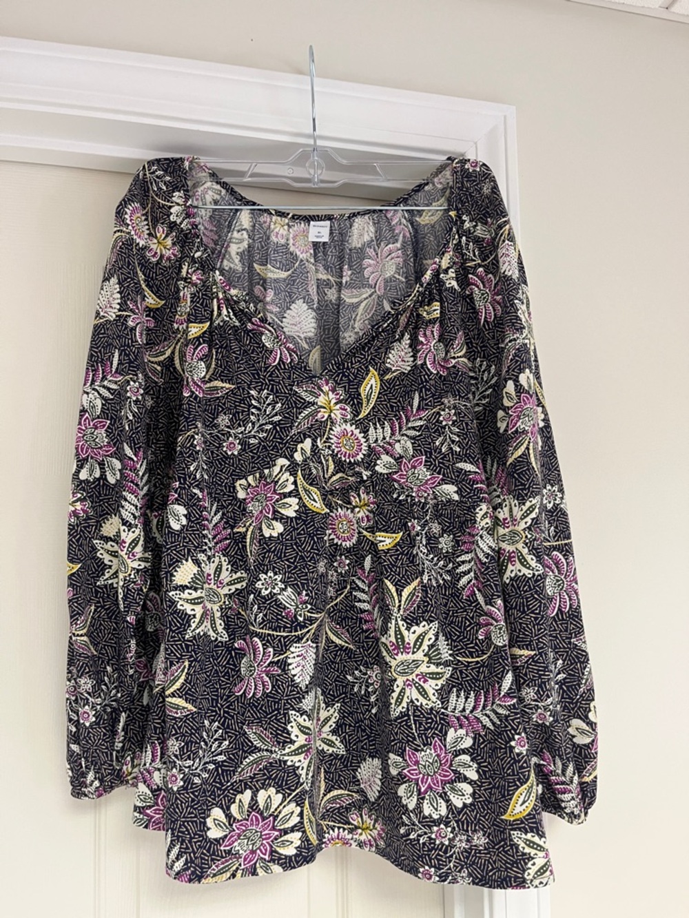 Old Navy Black Floral V-Neck Long Sleeve Blouse with Pink & Cream Accents